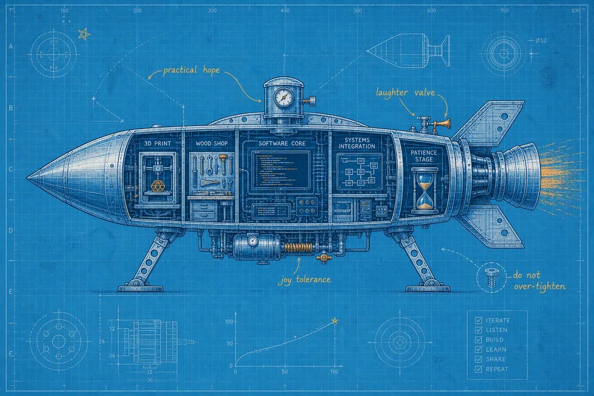 A whimsical technical blueprint of a rocket-like maker system with labels for practical hope, patience, software, woodworking, 3D printing, and a laughter valve.