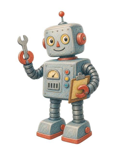Colored pencil drawing of a friendly 1950s-style robot holding a wrench and clipboard